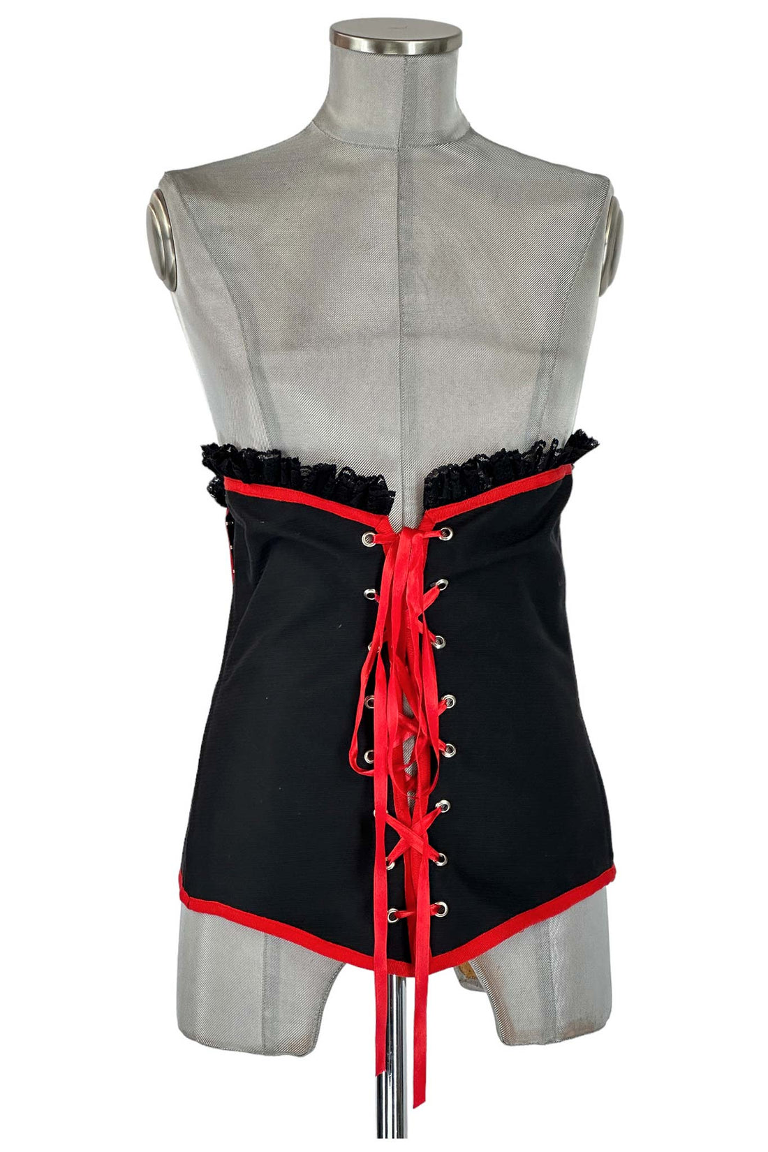 Noleggio Corsetto Nero con Nastri Rossi e Pizzo Donna