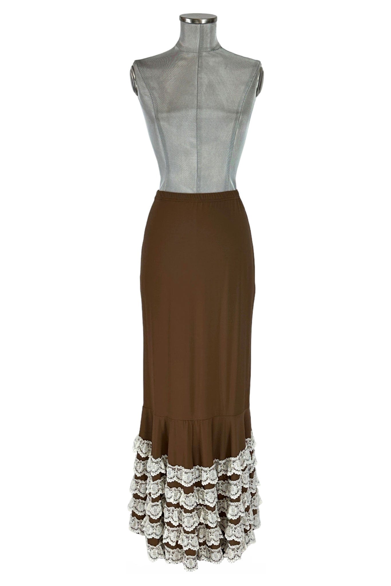 Noleggio Gonna Marrone Donna con Balze in Pizzo Bianco