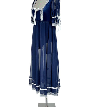 Noleggio Abito Storico donna in Velluto e Pizzo Blu - Eleganza Regency
