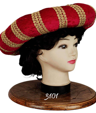 noleggio-copricapo-storico-velluto-rosso-dorato_2