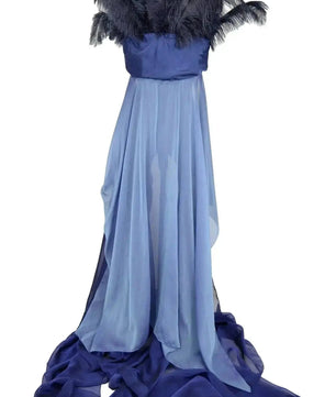 Noleggio abito elegante donna blu con piume e strascico-carnevale