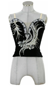 Noleggio corpetto nero donna ricamato con strass per spettacoli di danza