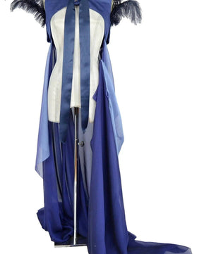 Noleggio abito elegante donna blu con piume e strascico-carnevale