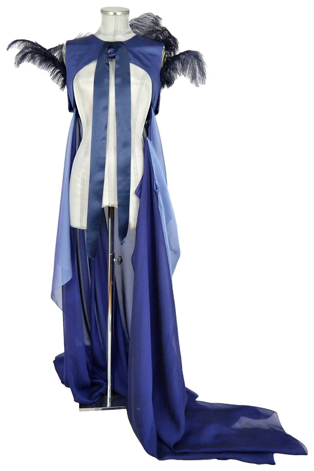 Noleggio abito elegante donna blu con piume e strascico-carnevale