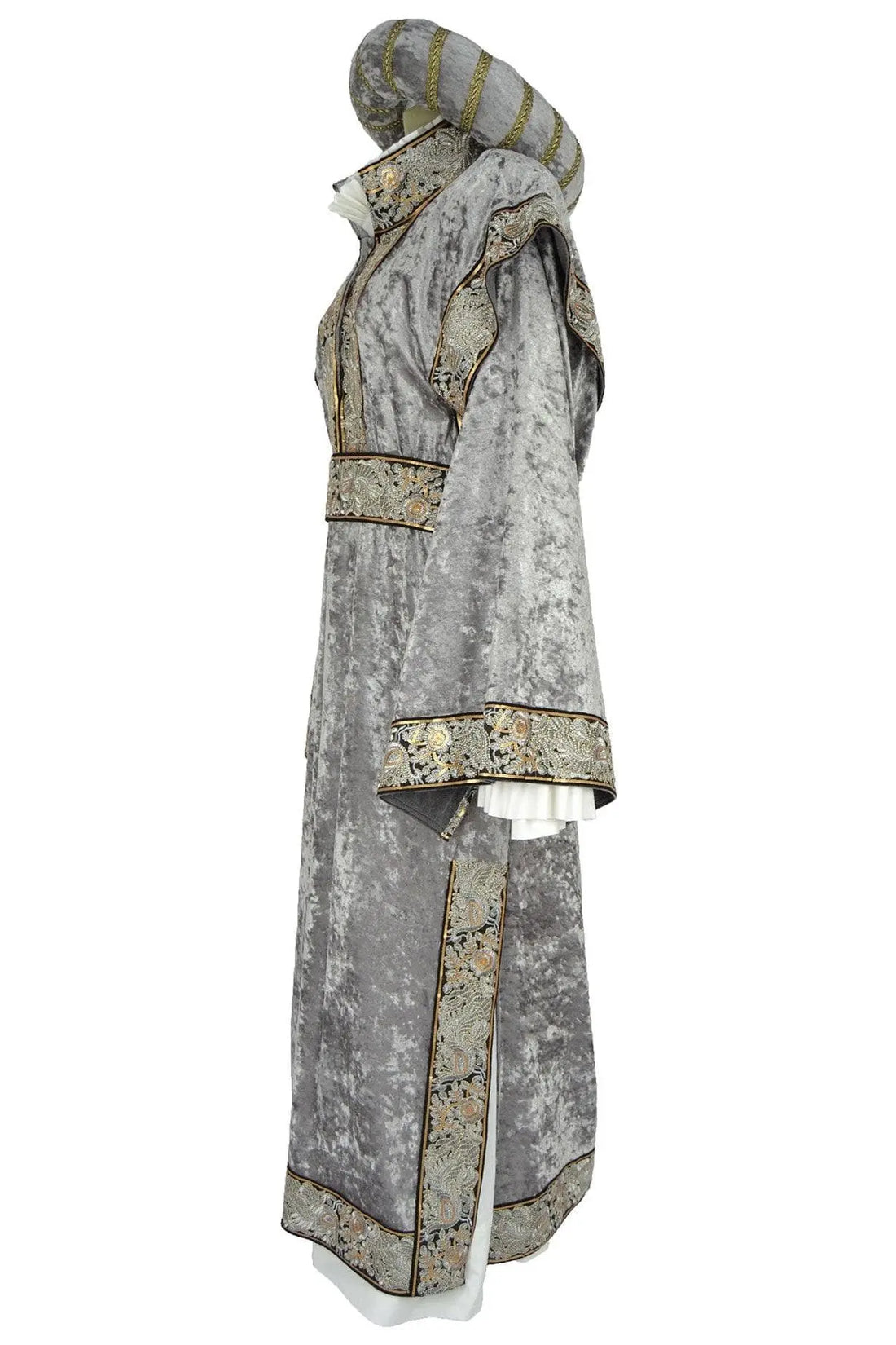 Noleggio abito medievale donna grigio da dama di corte con ampia manica svasata, vista laterale