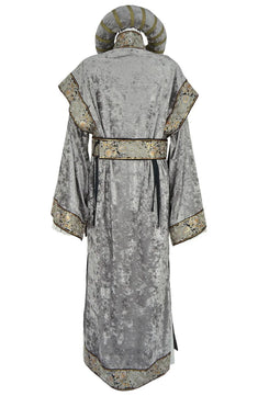 Noleggio abito medievale donna grigio da dama di corte con cintura decorata e copricapo, vista posteriore