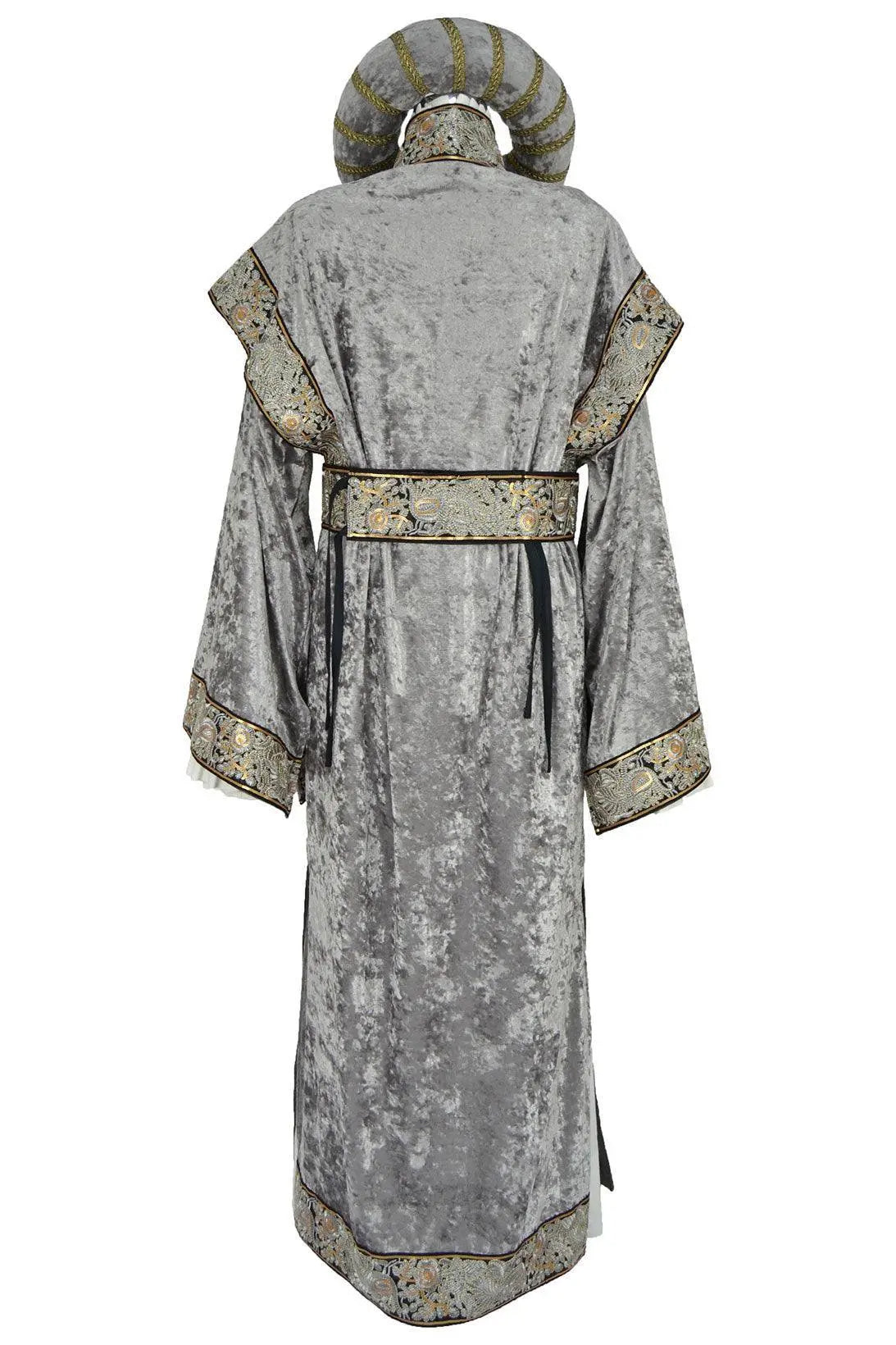 Noleggio abito medievale donna grigio da dama di corte con cintura decorata e copricapo, vista posteriore