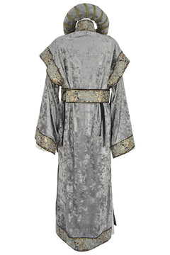 Noleggio abito medievale donna grigio da dama di corte con cintura decorata e copricapo, vista posteriore