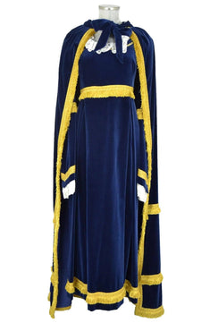 Noleggio abito Regency Donna blu navy con mantello, fiocco al collo e finiture oro, vista frontale