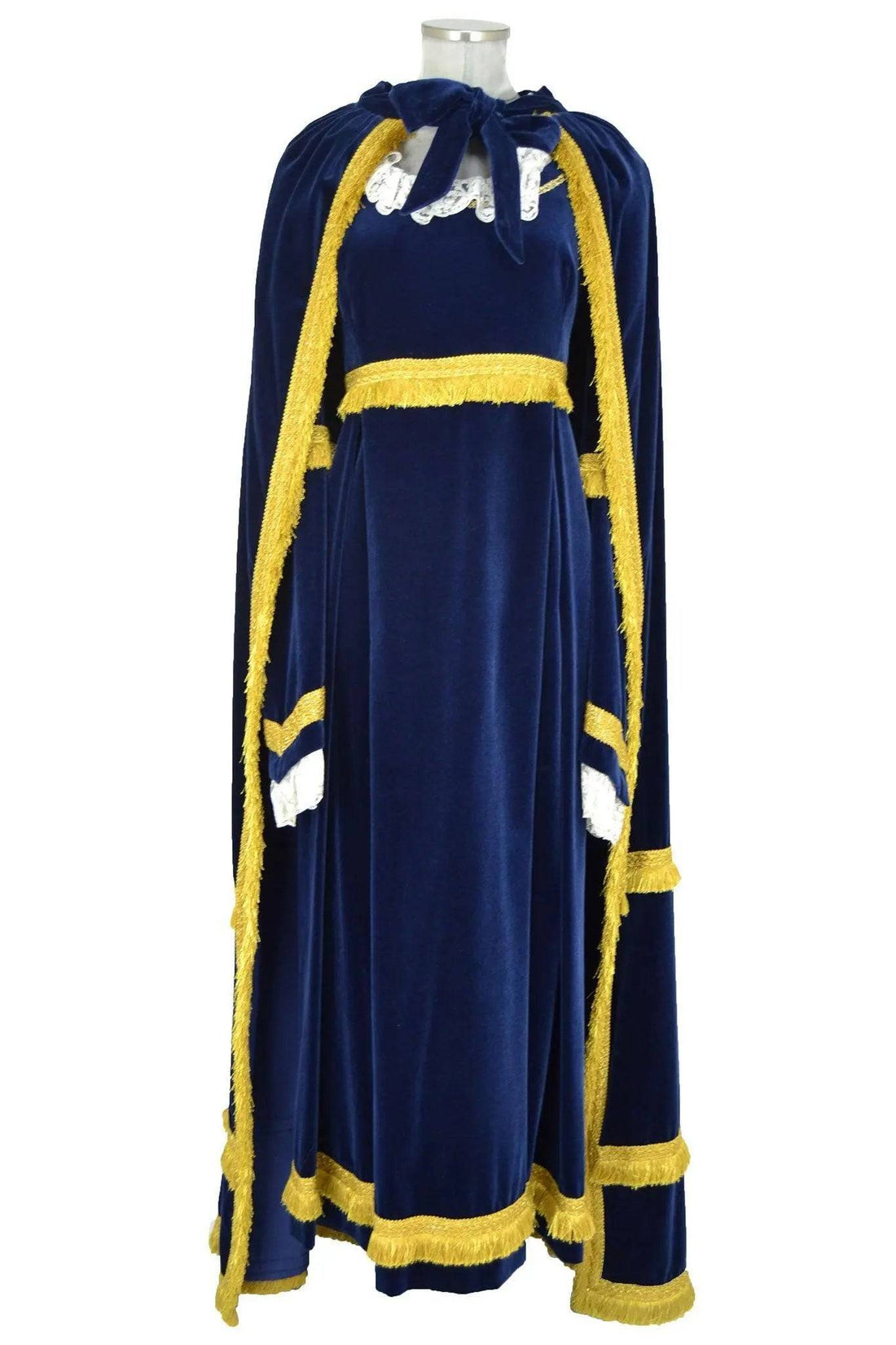 Noleggio abito Regency Donna blu navy con mantello, fiocco al collo e finiture oro, vista frontale