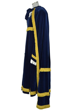 Noleggio abito Regency Donna blu con mantello lungo e fascia dorata, vista laterale
