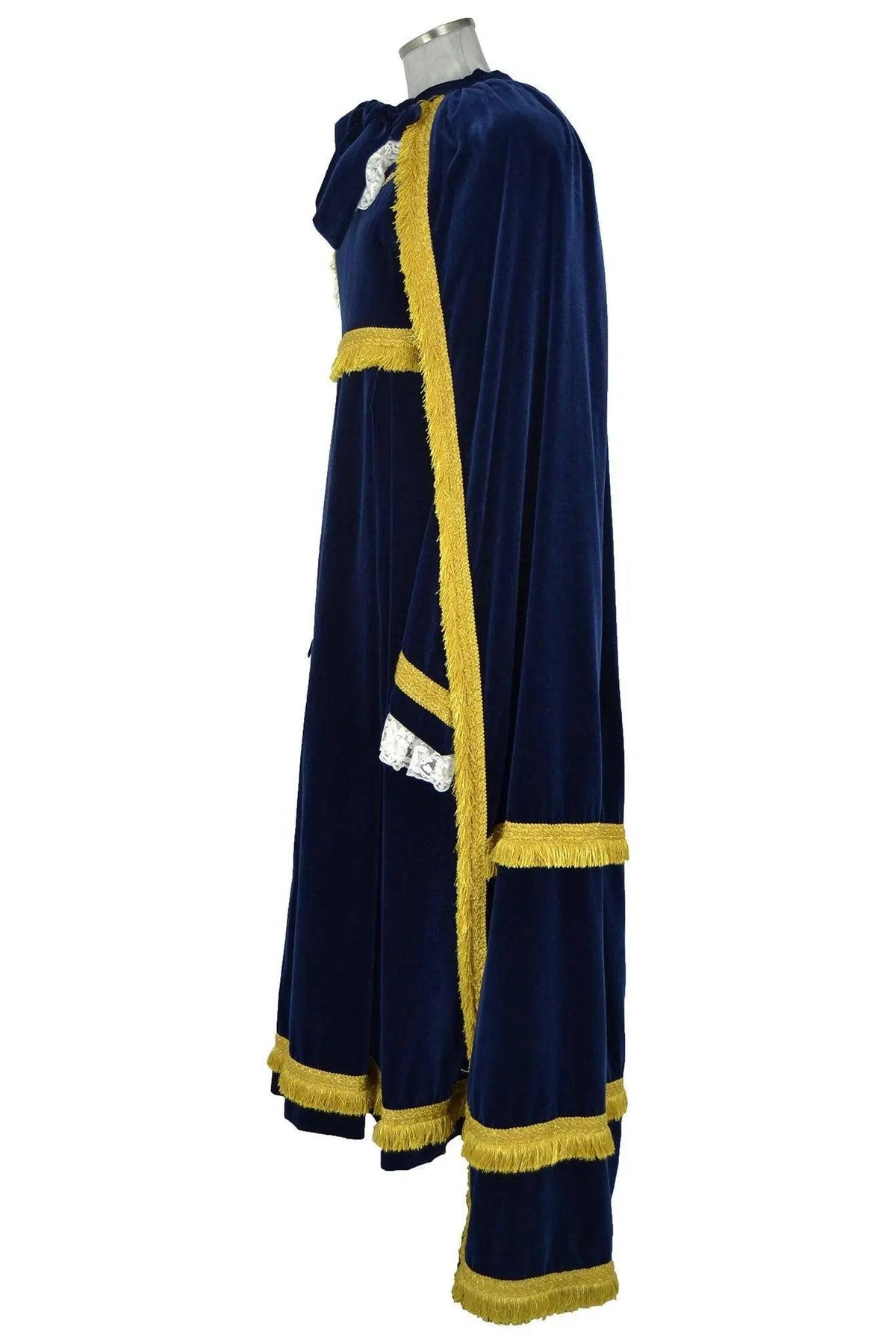 Noleggio abito Regency Donna blu con mantello lungo e fascia dorata, vista laterale