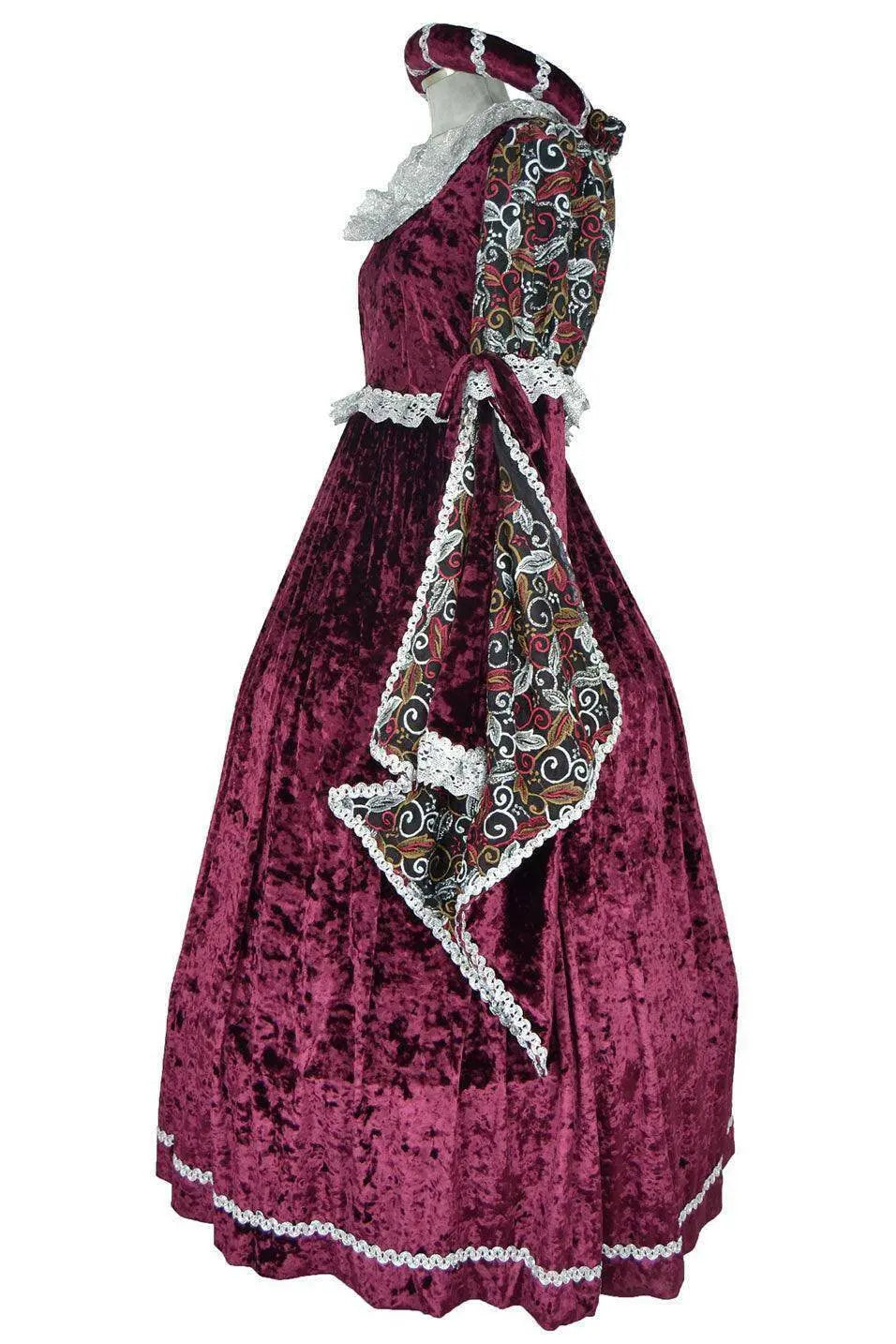 Noleggio abito rinascimentale donna bordeaux con maniche pendenti e gonna voluminosa, vista laterale