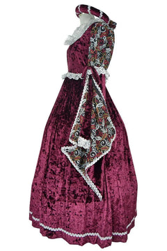 Noleggio abito rinascimentale donna bordeaux con maniche pendenti e gonna voluminosa, vista laterale
