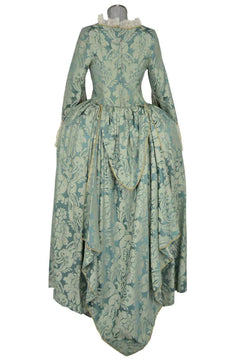 Noleggio abito storico donna Barocco Rococò verde acqua con sopragonna drappeggiata, vista posteriore