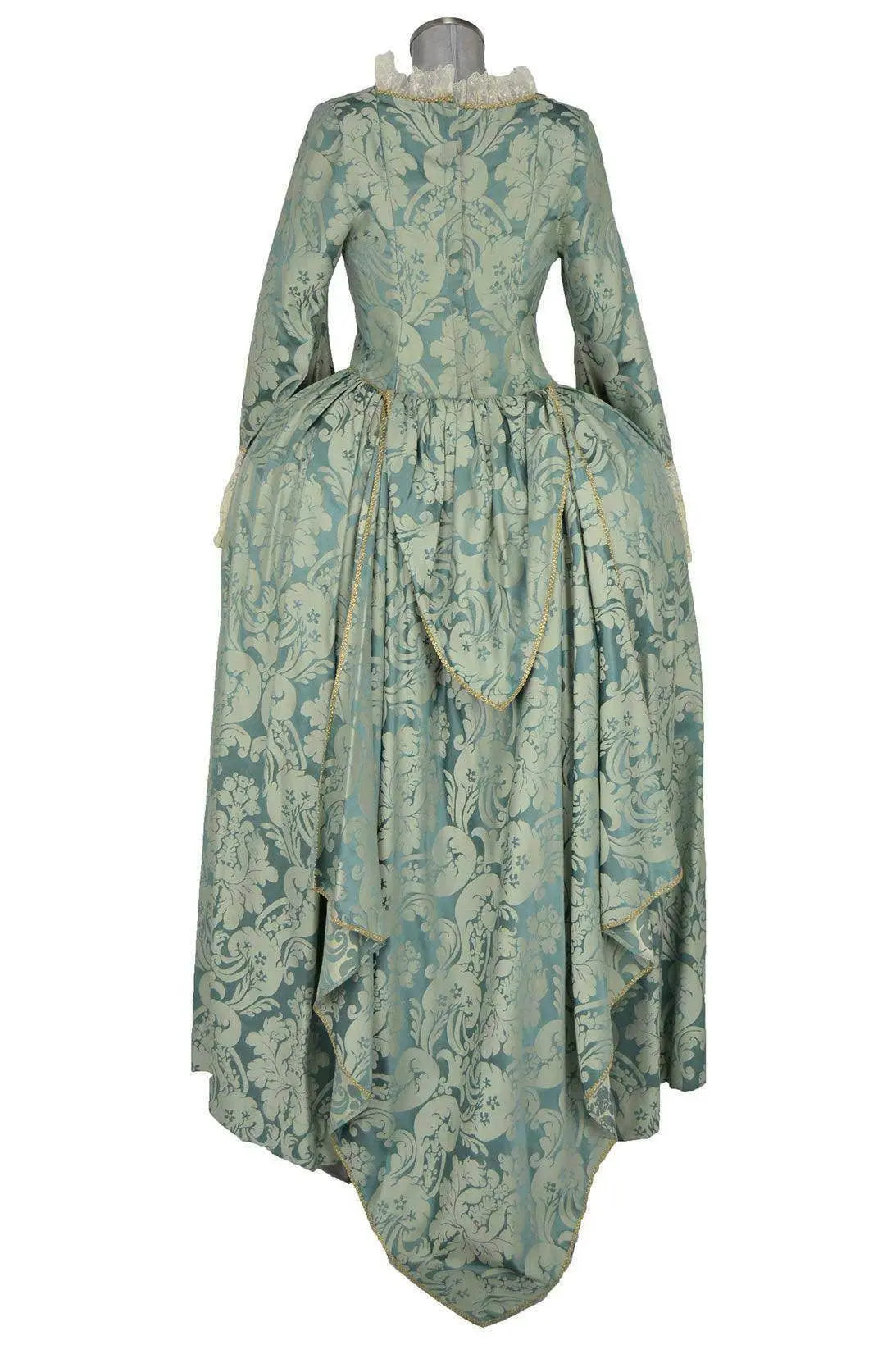 Noleggio abito storico donna Barocco Rococò verde acqua con sopragonna drappeggiata, vista posteriore