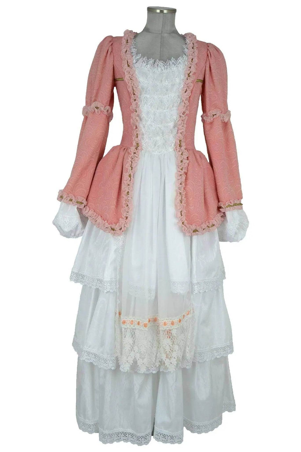 Noleggio abito storico Donna Colombina veneziana rosa, vista frontale con giacca decorata e gonna bianca a balze