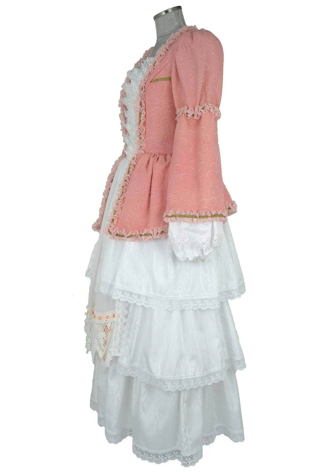 Noleggio abito storico Donna Colombina veneziana rosa, vista laterale con manica strutturata e baschina svasata