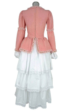 Noleggio abito storico Donna Colombina veneziana rosa, vista posteriore con baschina arricciata e gonna a balze