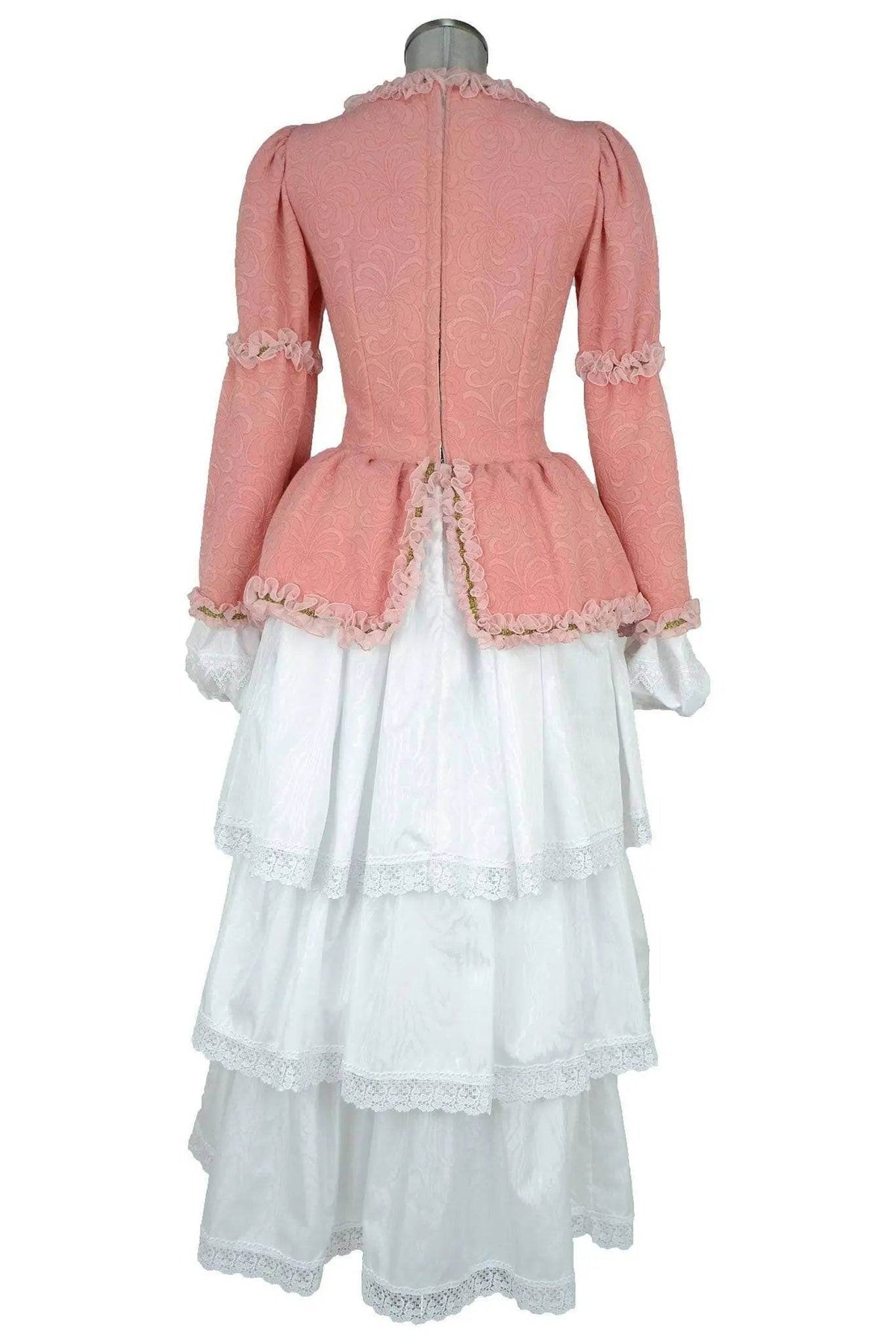 Noleggio abito storico Donna Colombina veneziana rosa, vista posteriore con baschina arricciata e gonna a balze