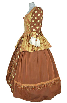 Noleggio abito storico Donna dama Versailles Settecento, vista laterale con gonna strutturata, baschina e manica bombata