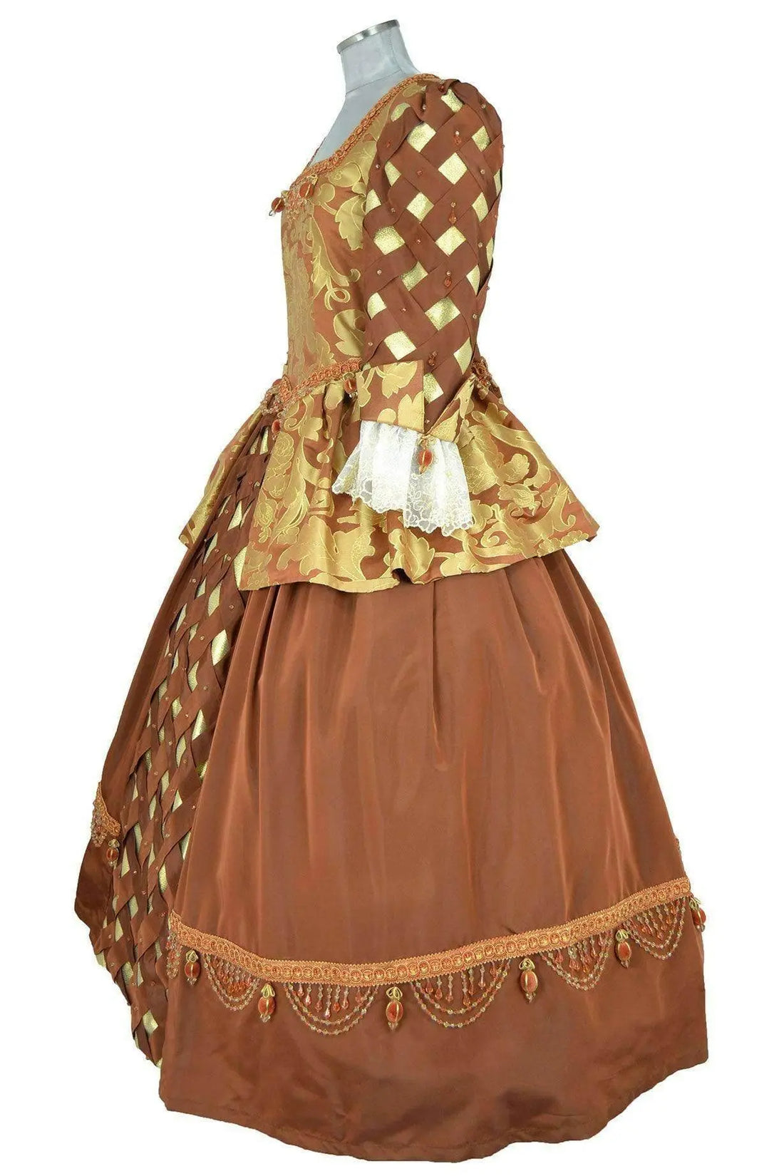 Noleggio abito storico Donna dama Versailles Settecento, vista laterale con gonna strutturata, baschina e manica bombata