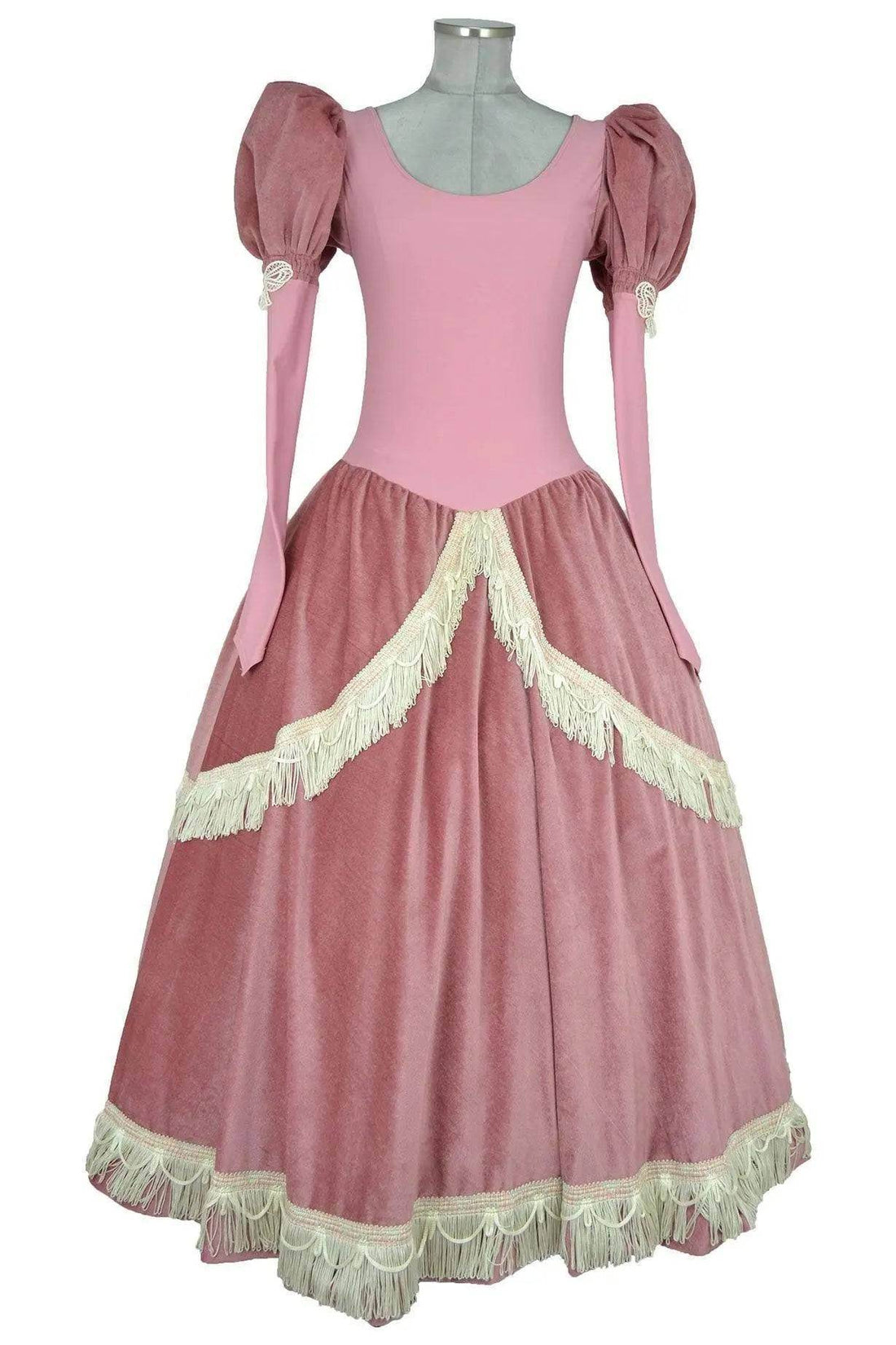 Noleggio abito storico Donna da principessa rosa antico con gonna ampia e frange avorio, vista frontale