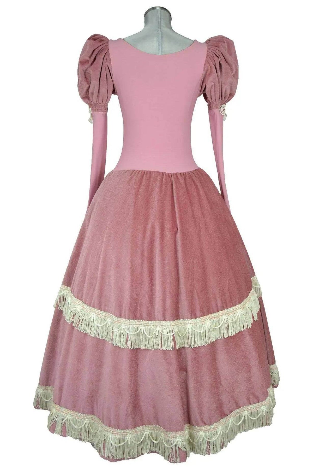 Noleggio abito storico Donna da principessa rosa antico con gonna a livelli e frange avorio, vista posteriore
