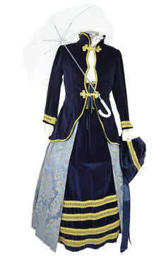 Noleggio abito storico Donna Rococò blu e azzurro con ombrellino parasole aperto, vista frontale