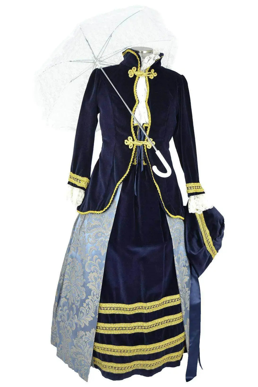 Noleggio abito storico Donna Rococò blu e azzurro con ombrellino parasole aperto, vista frontale
