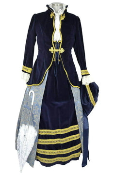 Noleggio abito storico Donna Rococò blu e oro con ombrellino chiuso, vista frontale