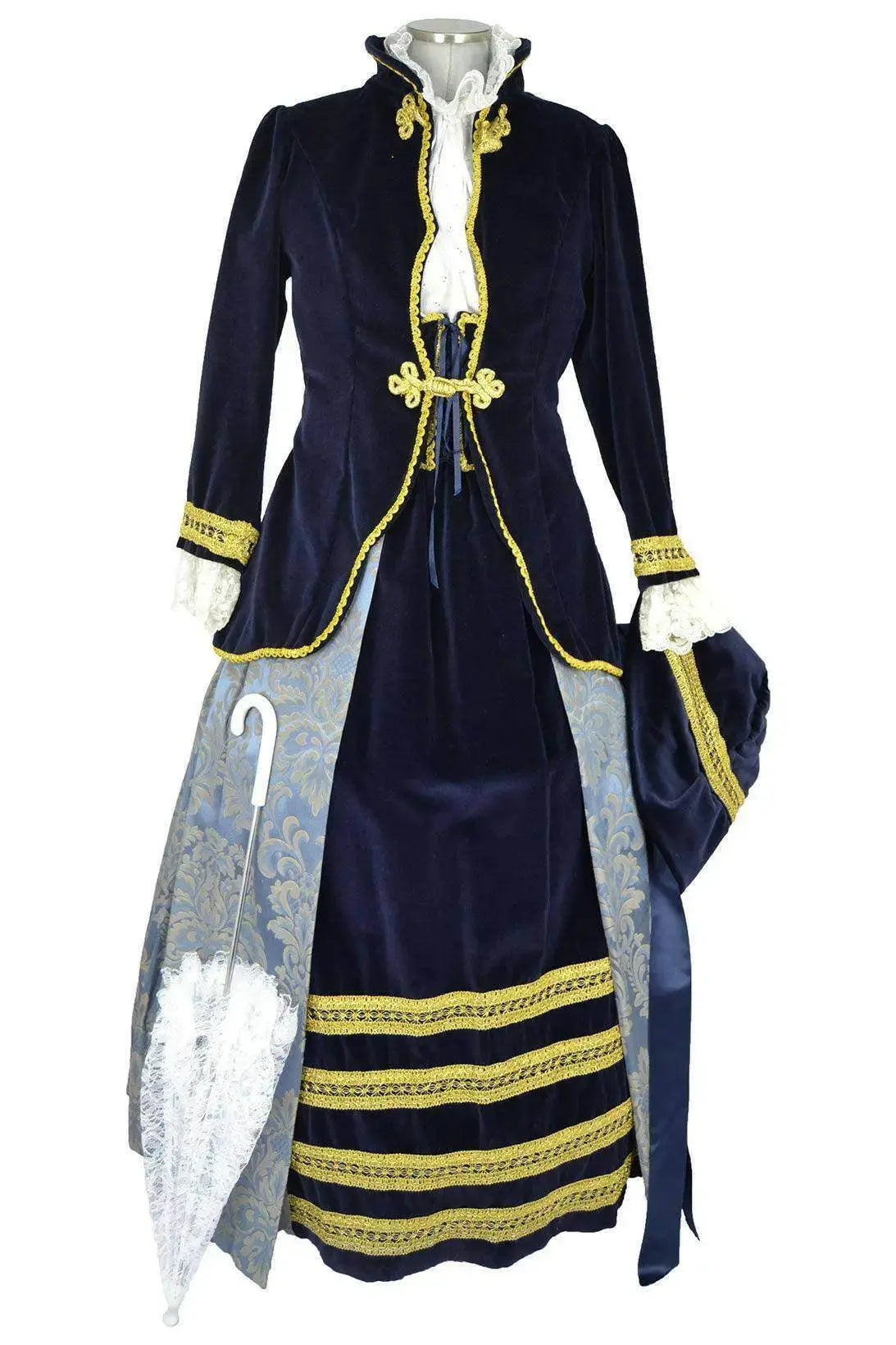 Noleggio abito storico Donna Rococò blu e oro con ombrellino chiuso, vista frontale