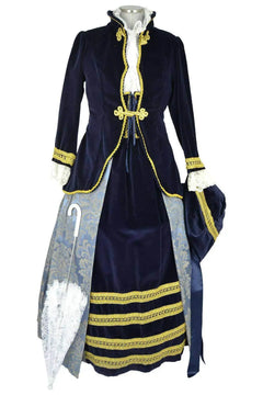 Noleggio abito storico Donna Rococò blu e oro con ombrellino chiuso, vista frontale