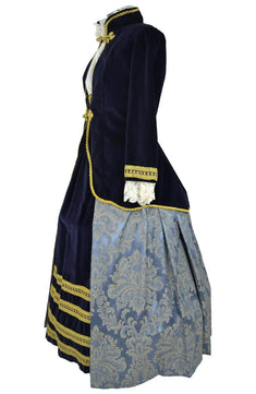 Noleggio abito storico Donna Rococò blu navy con gonna azzurro polvere, vista laterale sinistra