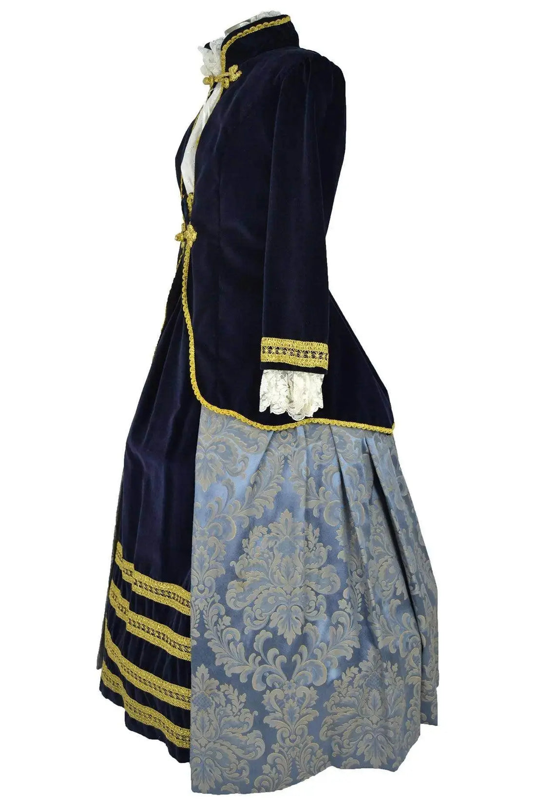 Noleggio abito storico Donna Rococò blu navy con gonna azzurro polvere, vista laterale sinistra