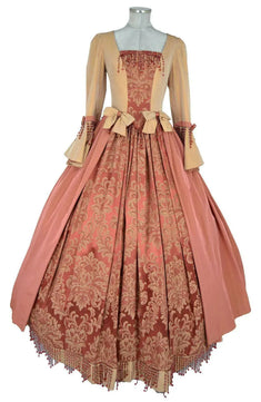 Noleggio abito storico donna rococò veneziano rosa antico con corpetto decorato e gonna ampia, vista frontale
