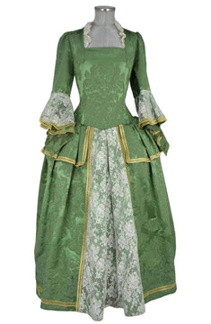 Noleggio abito storico Donna Settecento verde Goldoni in vista frontale con pannello avorio effetto pizzo e finiture oro