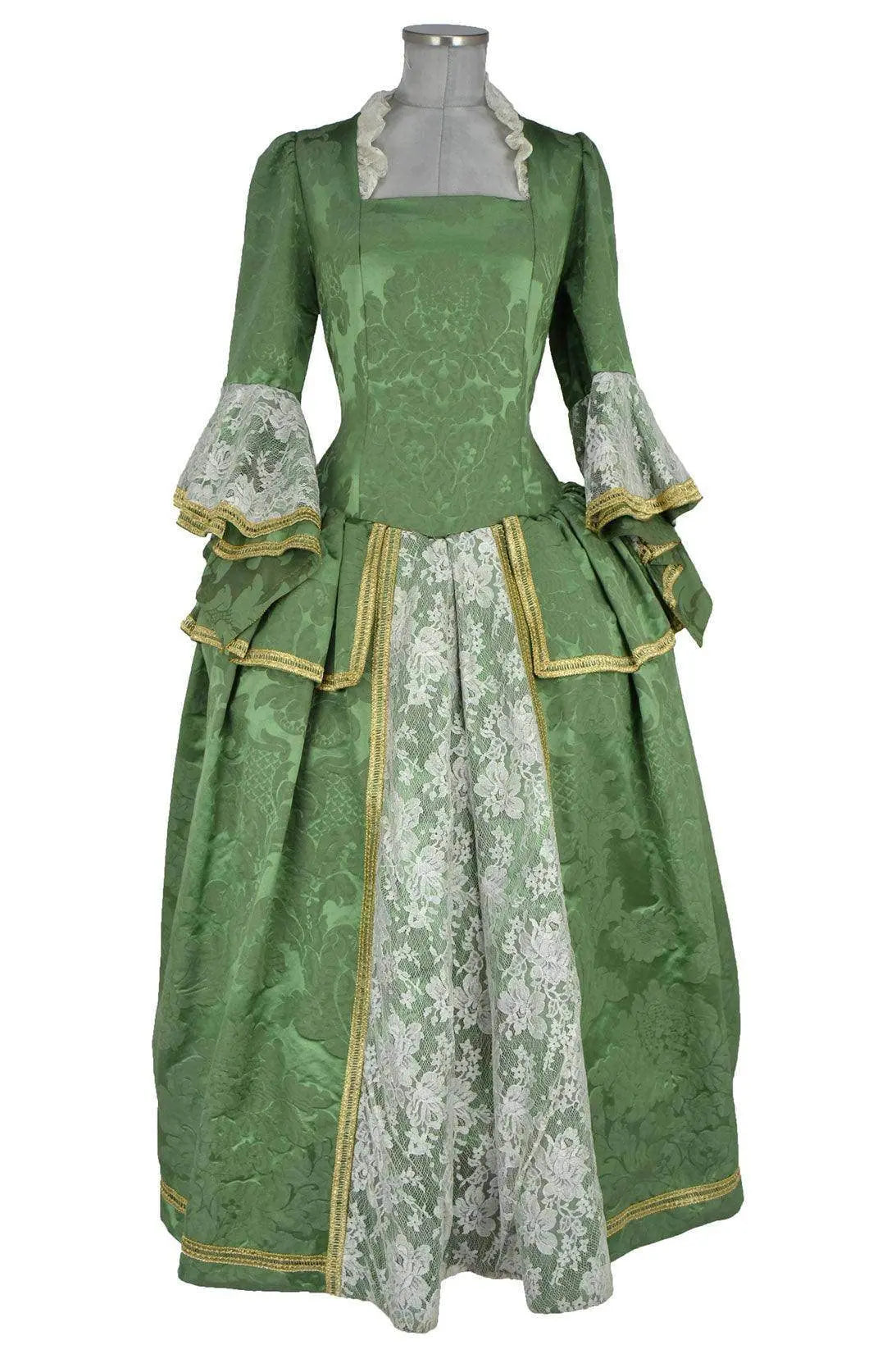Noleggio abito storico Donna Settecento verde Goldoni in vista frontale con pannello avorio effetto pizzo e finiture oro