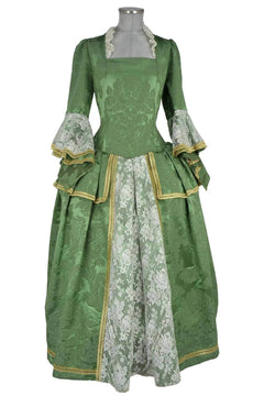 Noleggio abito storico Donna Settecento verde Goldoni in vista frontale con pannello avorio effetto pizzo e finiture oro