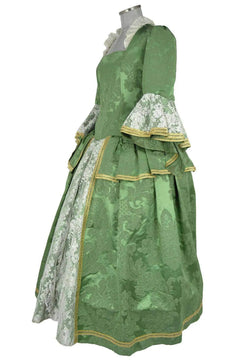 Noleggio abito storico Donna Settecento verde Goldoni in vista laterale con gonna ampia e drappeggi dorati