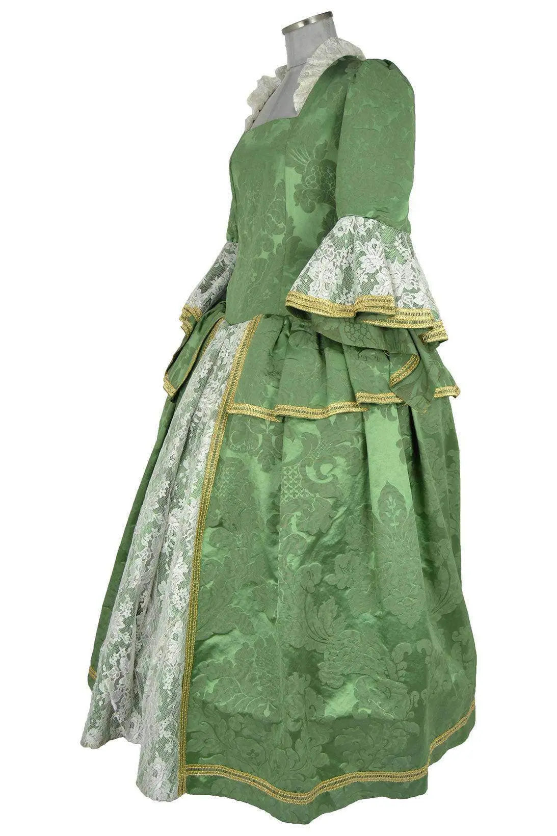 Noleggio abito storico Donna Settecento verde Goldoni in vista laterale con gonna ampia e drappeggi dorati