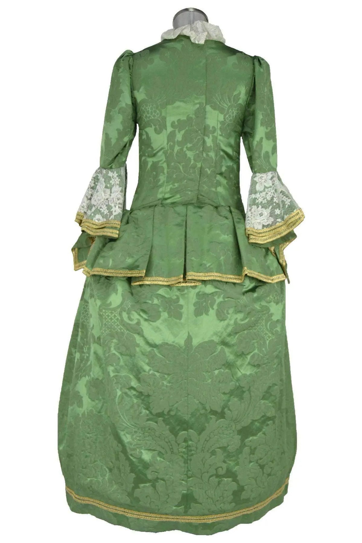 Noleggio abito storico Donna Settecento verde Goldoni in vista posteriore con gonna decorata e pannelli bordati oro