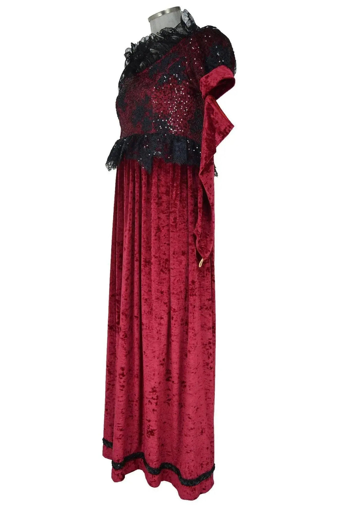 Noleggio abito storico Donna da strega gotica rosso bordeaux, vista laterale con drappo integrato alla manica