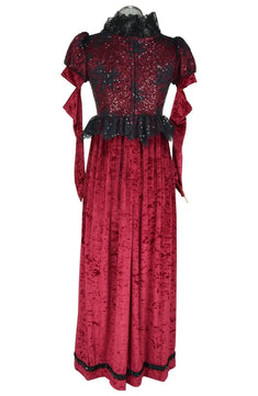 Noleggio abito storico Donna da strega gotica rosso bordeaux, vista posteriore con chiusura centrale e drappi