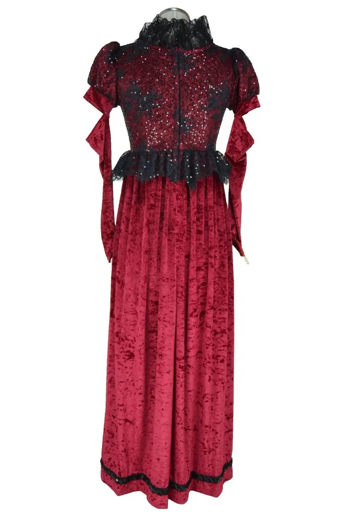 Noleggio abito storico Donna da strega gotica rosso bordeaux, vista posteriore con chiusura centrale e drappi