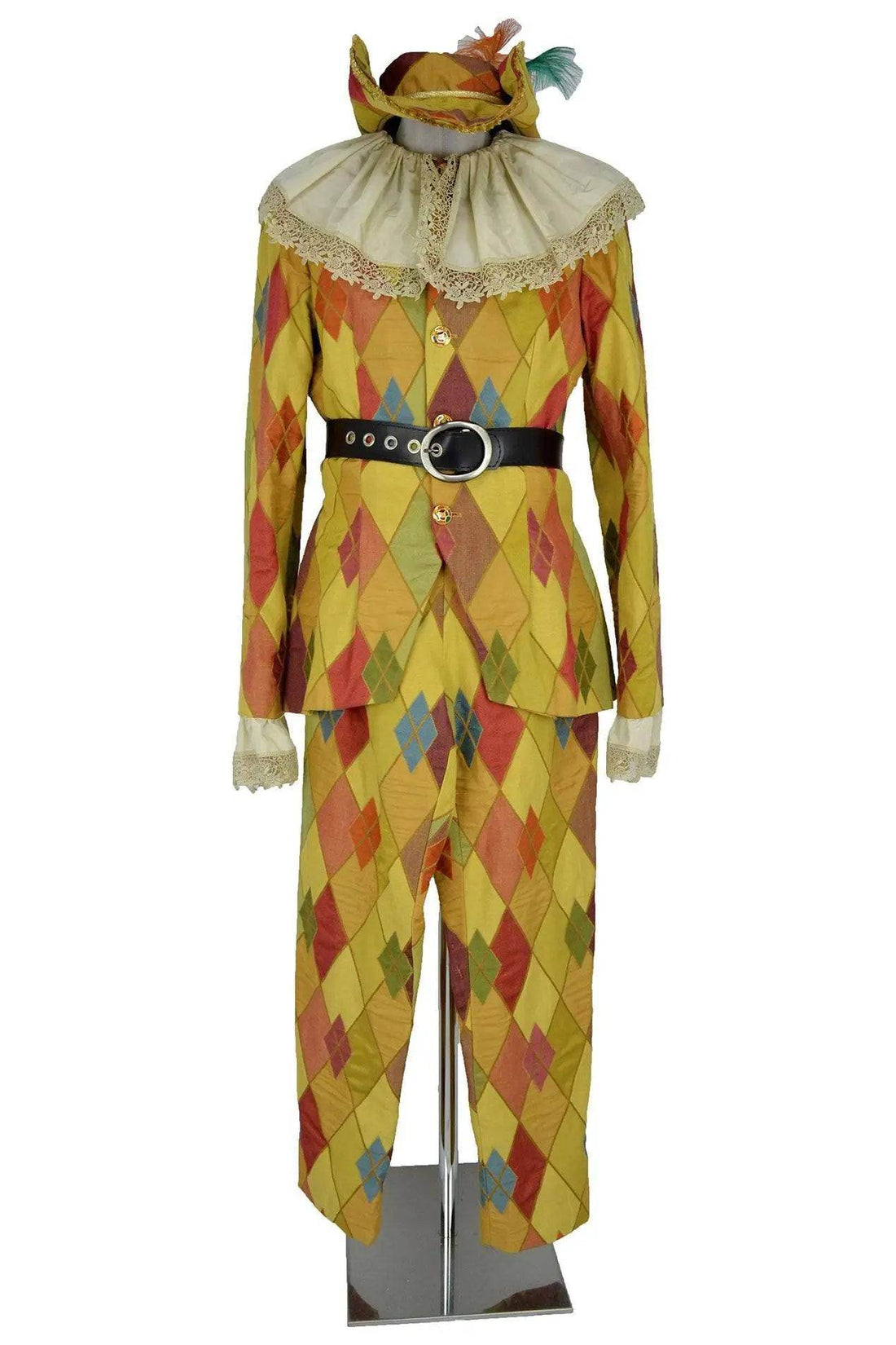 Noleggio costume Arlecchino Uomo per Carnevale, vista frontale con losanghe policrome e colletto avorio