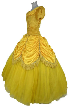 Noleggio costume Belle giallo Donna vista laterale con gonna da ballo e manica a sbuffo