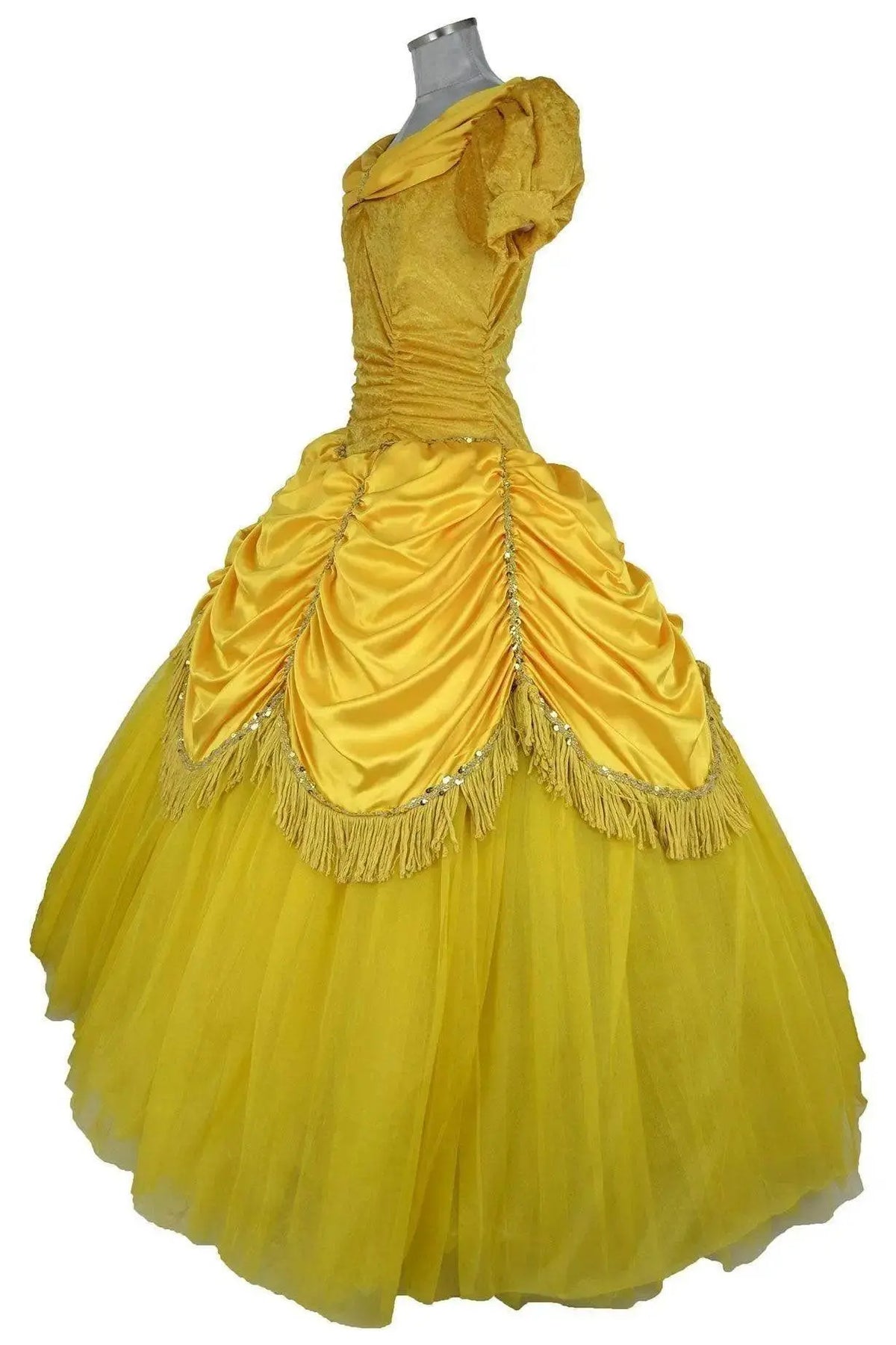Noleggio costume Belle giallo Donna vista laterale con gonna da ballo e manica a sbuffo