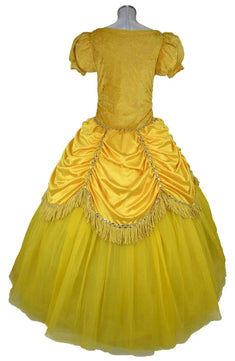 Noleggio costume Belle giallo Donna vista posteriore con sovragonna drappeggiata e frange dorate