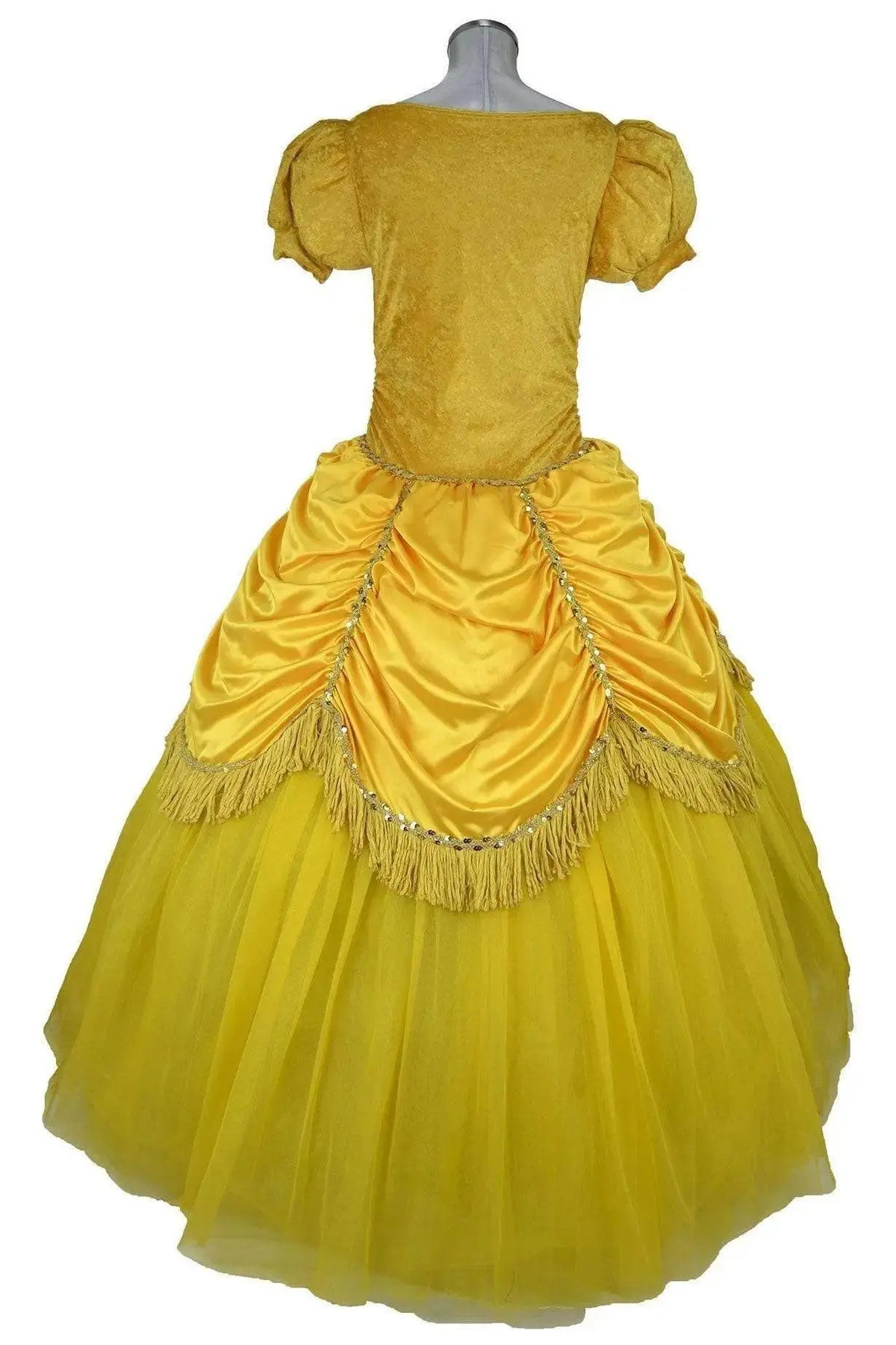 Noleggio costume Belle giallo Donna vista posteriore con sovragonna drappeggiata e frange dorate